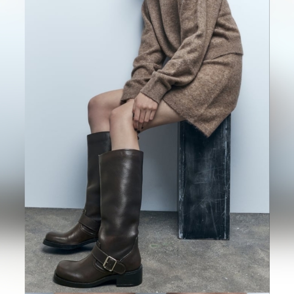 Zara Leather Biker Boots Sz-9